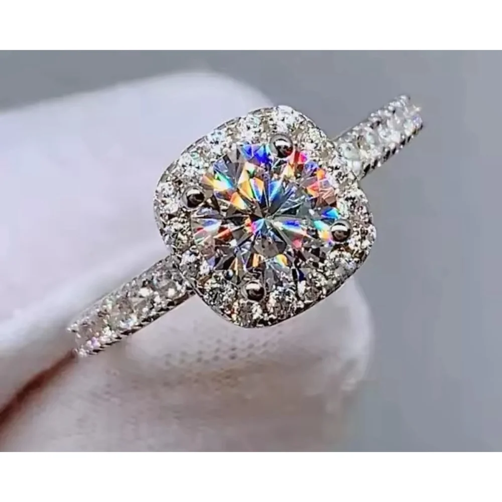 NEW 2 Ct Pave Halo Round Platinum S925 Diamond Engagement‎ Ring | Sz 7.5 NEW